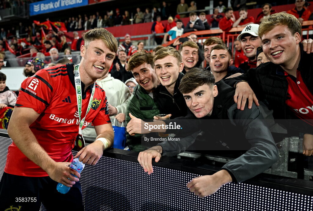 3 October 2026; Charlie O’Shea of Munster celebrates with friends after the United Rugby Championship match between Munster and Vodacom Bulls at Thomond Park in Limerick. Photo by Brendan Moran/Sportsfile