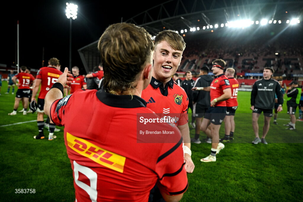 3 October 2026; Charlie O’Shea of Munster, right, celebrates with captain Craig Casey after the United Rugby Championship match between Munster and Vodacom Bulls at Thomond Park in Limerick. Photo by Brendan Moran/Sportsfile