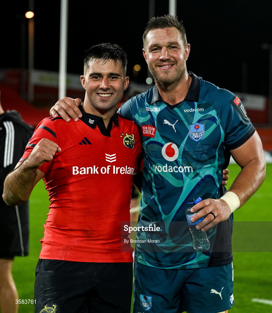 3 October 2026; Dan Kelly of Munster, left, and Hanro Liebenberg of Vodacome Bulls after the United Rugby Championship match between Munster and Vodacom Bulls at Thomond Park in Limerick. Photo by Brendan Moran/Sportsfile