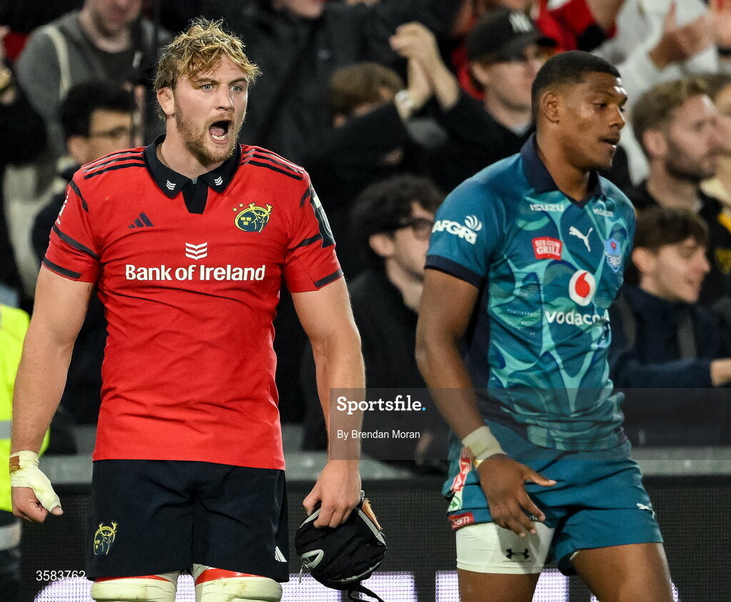 3 October 2026; Gavin Coombes of Munster celebrates at the final whistle of the United Rugby Championship match between Munster and Vodacom Bulls at Thomond Park in Limerick. Photo by Brendan Moran/Sportsfile