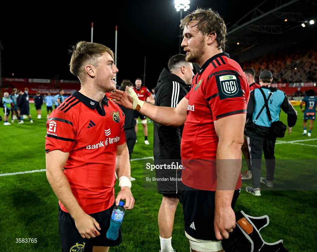 3 October 2026; Charlie O’Shea, left, and Gavin Coombes of Munster celebrate after the United Rugby Championship match between Munster and Vodacom Bulls at Thomond Park in Limerick. Photo by Brendan Moran/Sportsfile