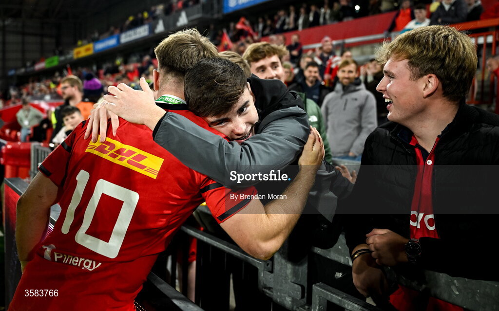 3 October 2026; Charlie O’Shea of Munster celebrates with friends after the United Rugby Championship match between Munster and Vodacom Bulls at Thomond Park in Limerick. Photo by Brendan Moran/Sportsfile