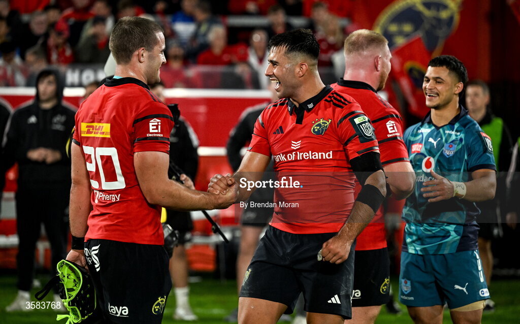 3 October 2026; Alex Kendellen, left, and Dan Kelly of Munster celebrate after the United Rugby Championship match between Munster and Vodacom Bulls at Thomond Park in Limerick. Photo by Brendan Moran/Sportsfile