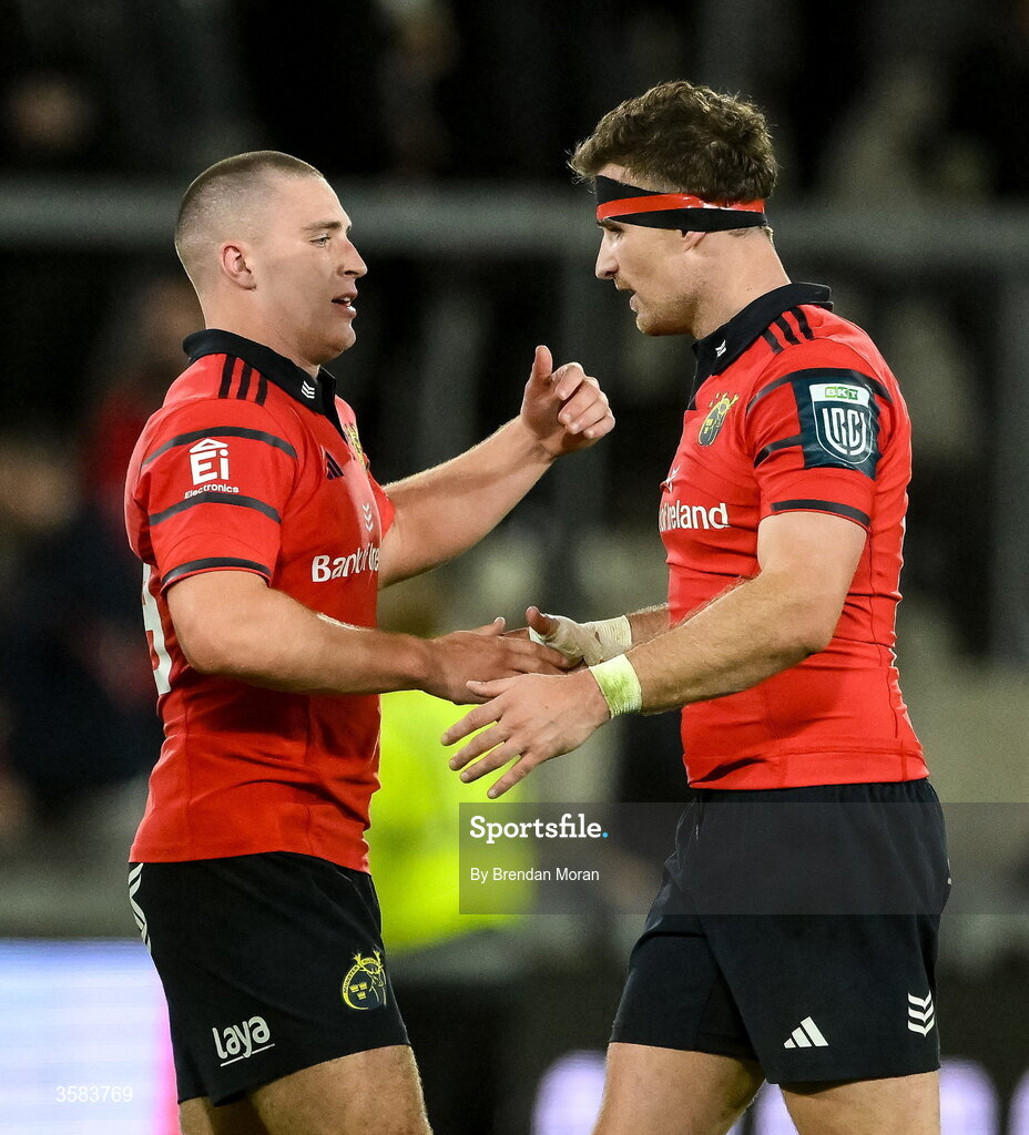 3 October 2026; Gordon Wood, left, and Shane Daly of Munster after the United Rugby Championship match between Munster and Vodacom Bulls at Thomond Park in Limerick. Photo by Brendan Moran/Sportsfile