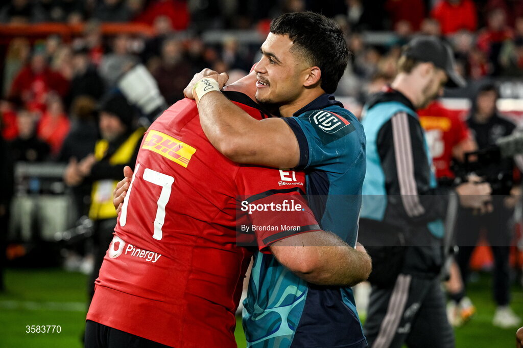 3 October 2026; Thaakir Abrahams of Vodacome Bulls, right, and Jeremy Loughman of Munster after the United Rugby Championship match between Munster and Vodacom Bulls at Thomond Park in Limerick. Photo by Brendan Moran/Sportsfile