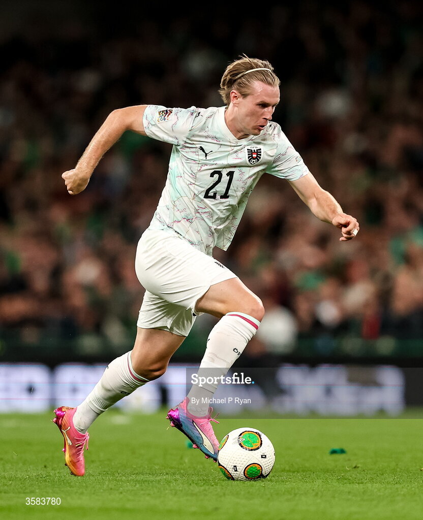 1 October 2026; Patrick Wimmer of Austria during the UEFA Nations League B match between the Republic of Ireland and Austria at the Aviva Stadium in Dublin. Photo by Michael P Ryan/Sportsfile