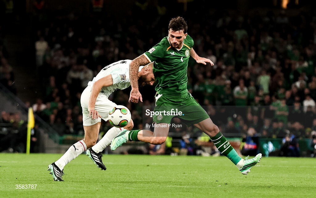 1 October 2026; Troy Parrott of Republic of Ireland in action against Konrad Laimer of Austria during the UEFA Nations League B match between the Republic of Ireland and Austria at the Aviva Stadium in Dublin. Photo by Michael P Ryan/Sportsfile