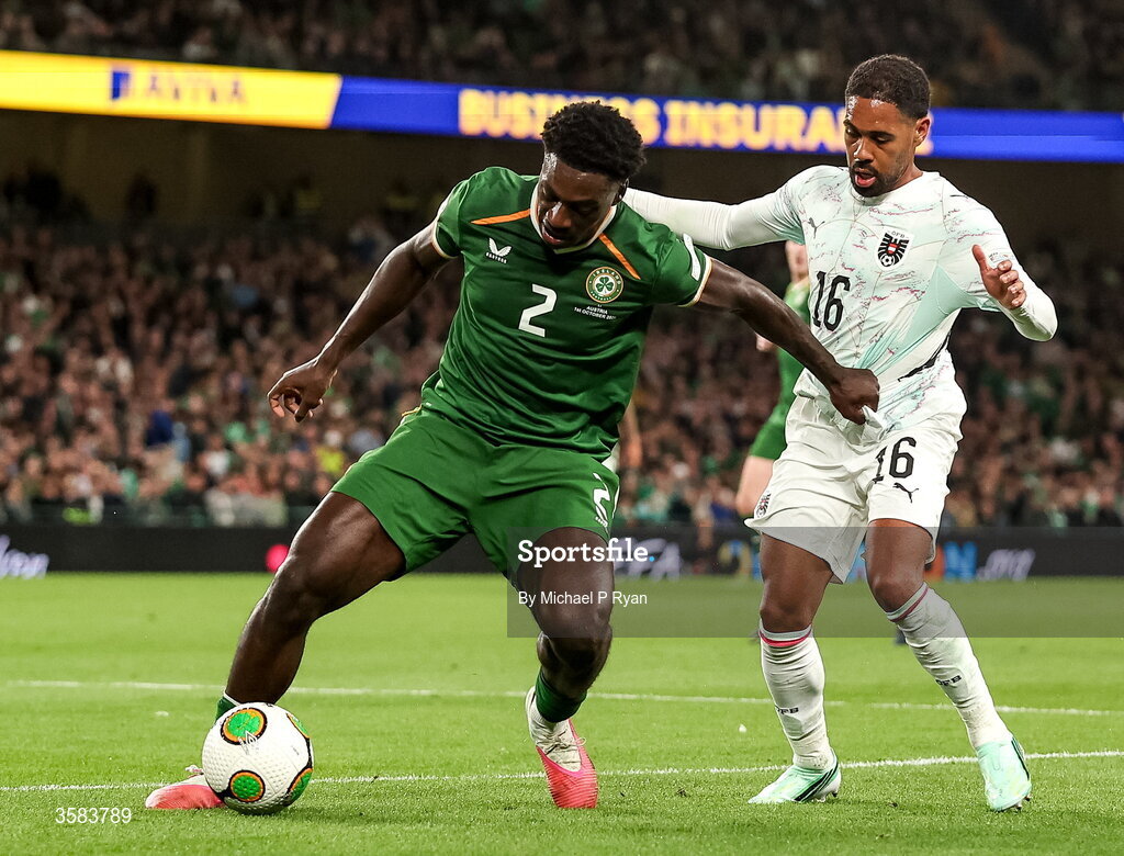 1 October 2026; James Abankwah of Republic of Ireland in action against Phillipp Mwene of Austria during the UEFA Nations League B match between the Republic of Ireland and Austria at the Aviva Stadium in Dublin. Photo by Michael P Ryan/Sportsfile