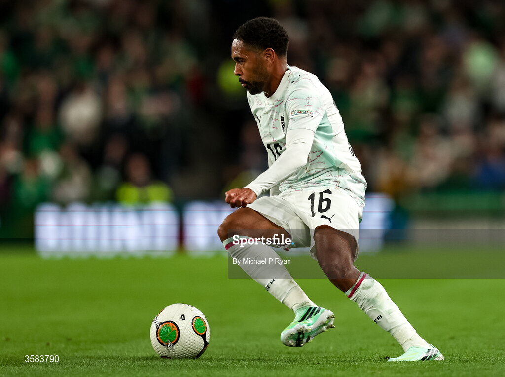 1 October 2026; Phillipp Mwene of Austria during the UEFA Nations League B match between the Republic of Ireland and Austria at the Aviva Stadium in Dublin. Photo by Michael P Ryan/Sportsfile