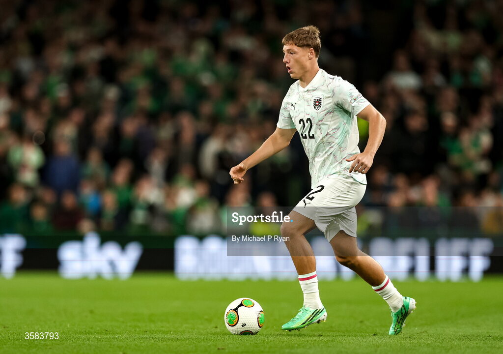 1 October 2026; Alexander Prass of Austria during the UEFA Nations League B match between the Republic of Ireland and Austria at the Aviva Stadium in Dublin. Photo by Michael P Ryan/Sportsfile