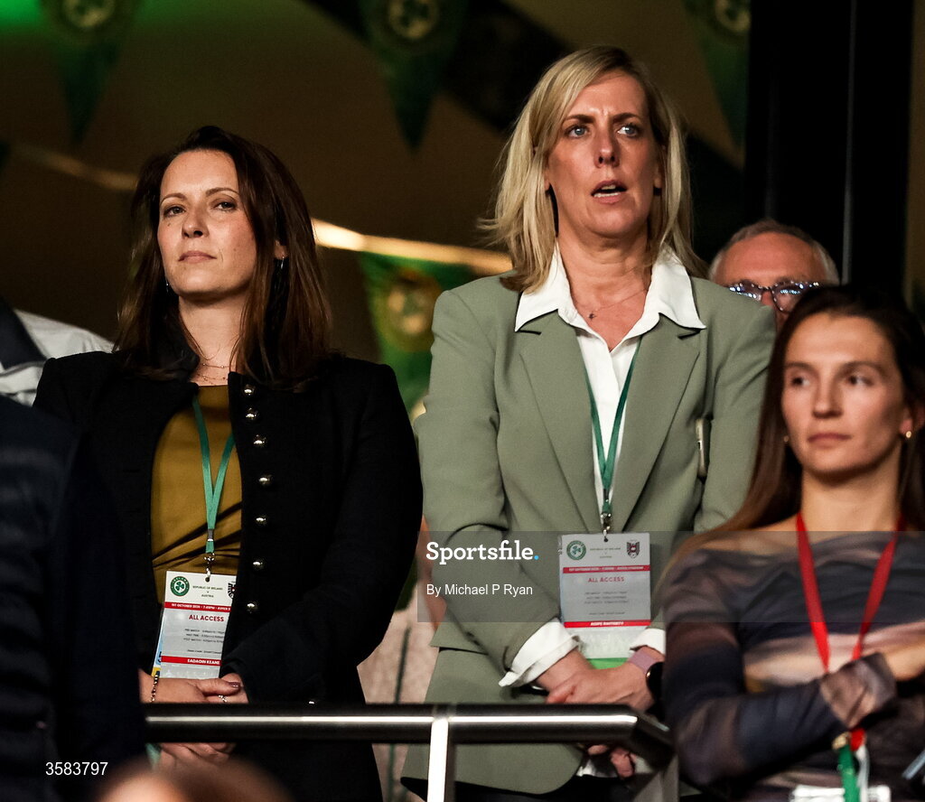1 October 2026; FAI marketing and communications director Eadaoin Keane, left, and FAI people and culture director Aoife Rafferty, during the UEFA Nations League B match between the Republic of Ireland and Austria at the Aviva Stadium in Dublin. Photo by Michael P Ryan/Sportsfile