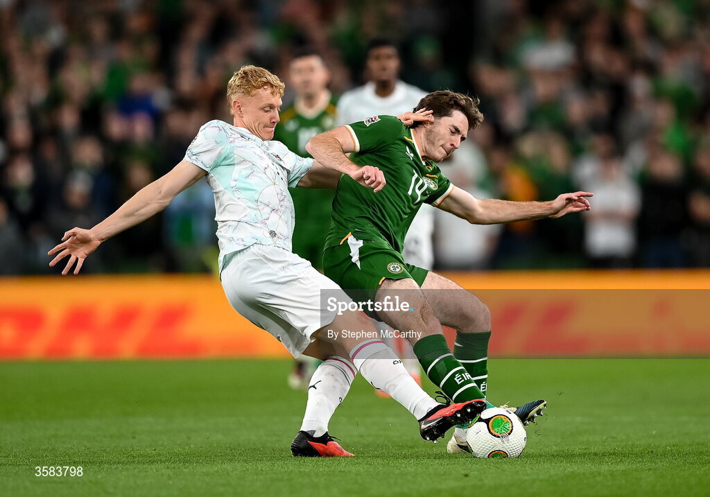 1 October 2026; Conor Coventry of Republic of Ireland and Nicolas Seiwald of Austria during the UEFA Nations League B match between the Republic of Ireland and Austria at the Aviva Stadium in Dublin. Photo by Stephen McCarthy/Sportsfile