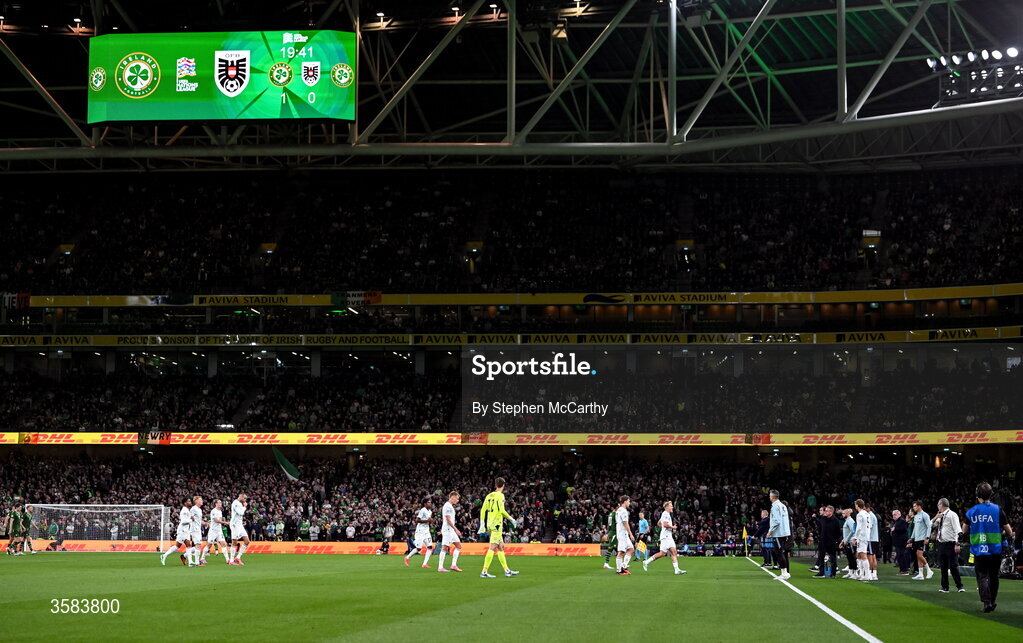 1 October 2026; Austria and Republic of Ireland leave the pitch during a break in play as supporters throw tennis balls onto the pitch in protest during the UEFA Nations League B match between the Republic of Ireland and Austria at the Aviva Stadium in Dublin. Photo by Stephen McCarthy/Sportsfile