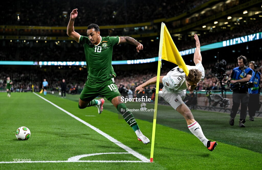 1 October 2026; Adam Idah of Republic of Ireland in action against David Affengruber of Austria during the UEFA Nations League B match between the Republic of Ireland and Austria at the Aviva Stadium in Dublin.  Photo by Stephen McCarthy/Sportsfile
