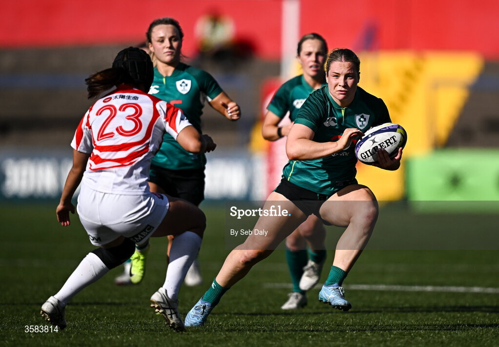 3 October 2026; Alana McInerney of Ireland in action against Kanna Hayashi of Japan during the International Women's Rugby fixture between Ireland and Japan at Virgin Media Park in Cork. Photo by Seb Daly/Sportsfile