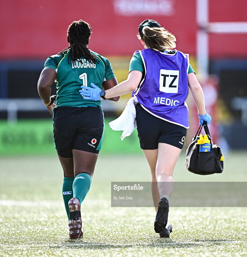 3 October 2026; Linda Djougang of Ireland and physio Roisín O'Brien during the International Women's Rugby fixture between Ireland and Japan at Virgin Media Park in Cork. Photo by Seb Daly/Sportsfile
