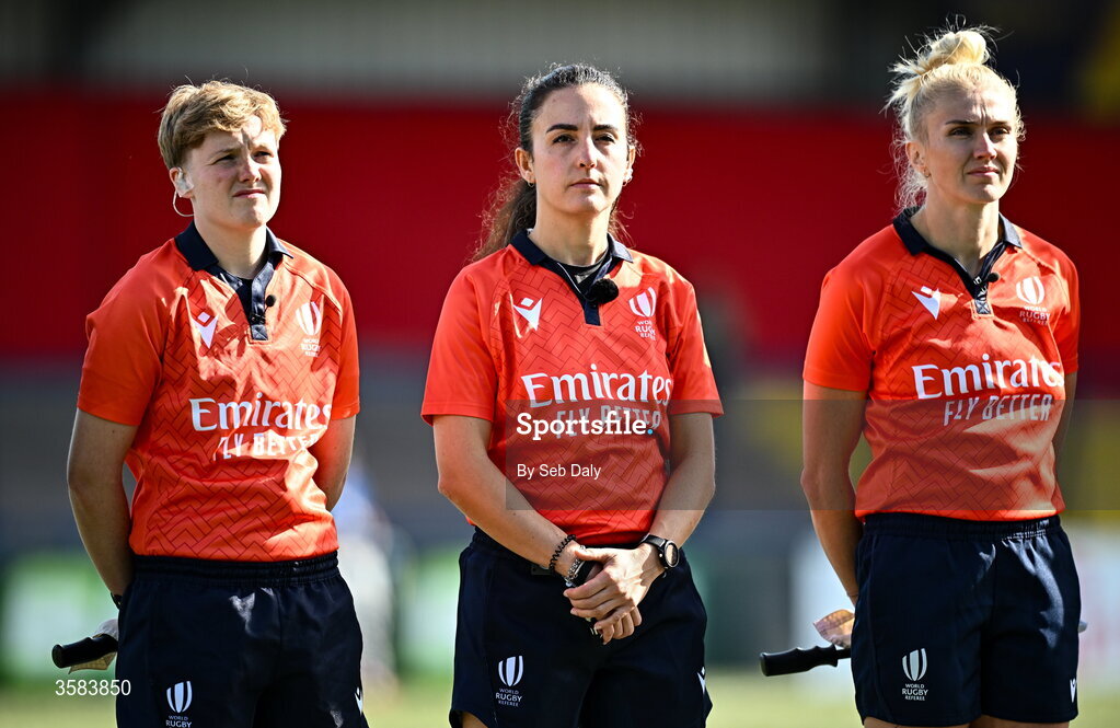 3 October 2026; Match officials, from left, assistant referee Amber Stamp-Dunstan, referee Clara Munarini, and assistant referee Holly Wood before the International Women's Rugby fixture between Ireland and Japan at Virgin Media Park in Cork. Photo by Seb Daly/Sportsfile