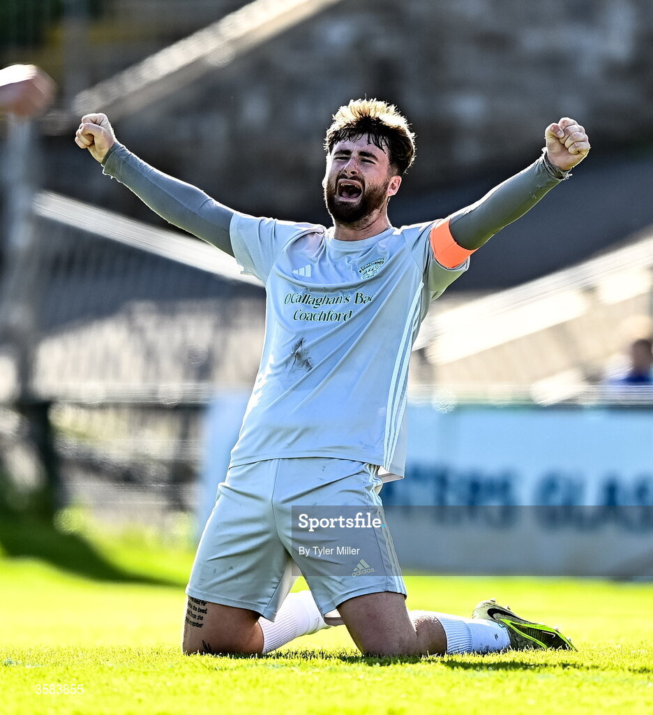 3 October 2026; Mark Murphy of Coachford celebrates after the FAI Junior Cup final between Coachford and Evergreen at Munster FA Turner's Cross Park in Cork. Photo by Tyler Miller/Sportsfile