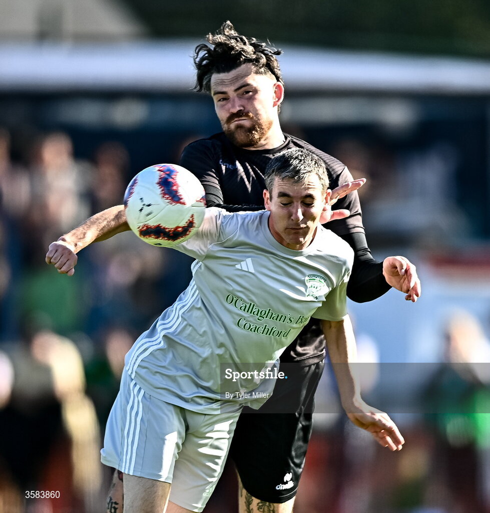 3 October 2026; Andrew Wall of Evergreen in action against Cathal O'Neill of Coachford during the FAI Junior Cup final between Coachford and Evergreen at Munster FA Turner's Cross Park in Cork. Photo by Tyler Miller/Sportsfile