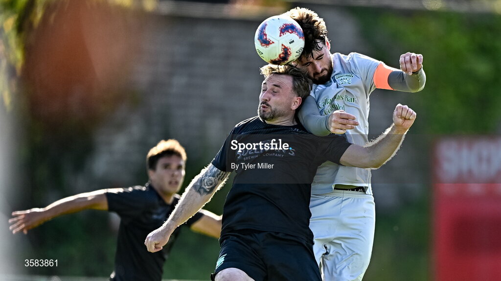 3 October 2026; David Grincell of Evergreen in action against Mark Murphy of Coachford during the FAI Junior Cup final between Coachford and Evergreen at Munster FA Turner's Cross Park in Cork. Photo by Tyler Miller/Sportsfile