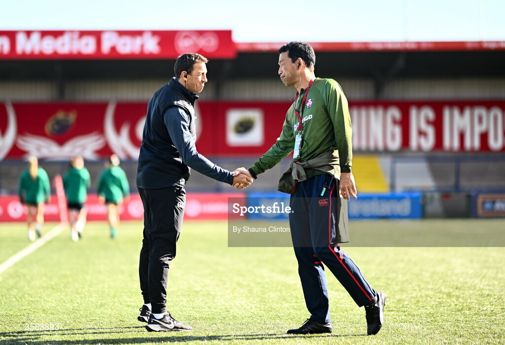 3 October 2026; Ireland head coach Scott Bemand, left, and Japan head coach Toshizumi Kitagawa shake hands before the International Women's Rugby fixture between Ireland and Japan at Virgin Media Park in Cork. Photo by Shauna Clinton/Sportsfile