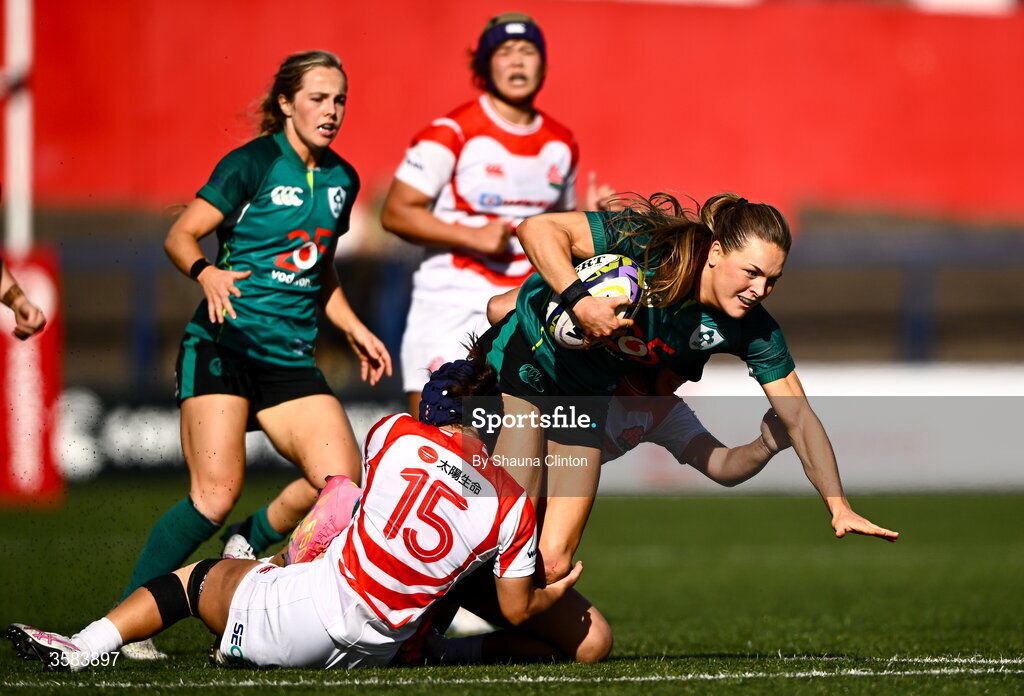 3 October 2026; Béibhinn Parsons of Ireland is tackled by Maiko Nishi of Japan during the International Women's Rugby fixture between Ireland and Japan at Virgin Media Park in Cork. Photo by Shauna Clinton/Sportsfile