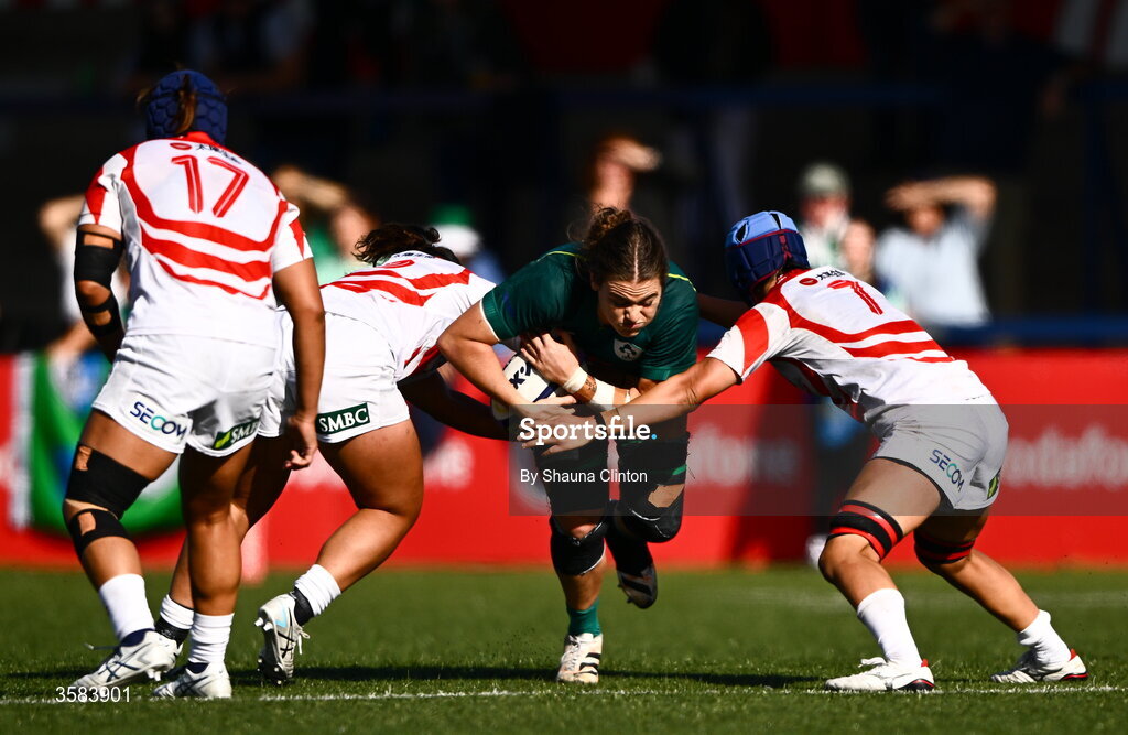 3 October 2026; Jane Clohessy of Ireland is tackled by Sakurako Korai of Japan during the International Women's Rugby fixture between Ireland and Japan at Virgin Media Park in Cork. Photo by Shauna Clinton/Sportsfile