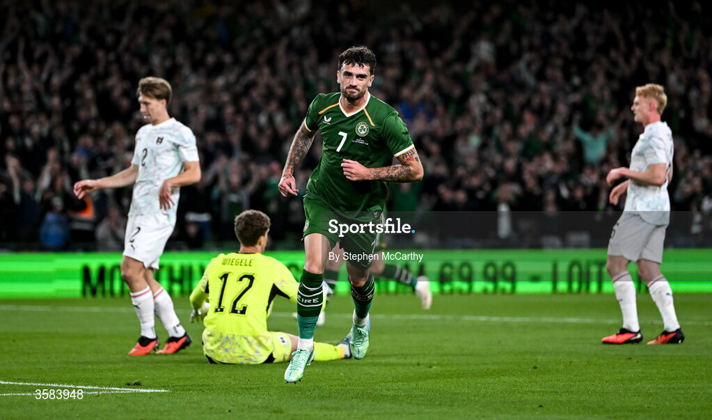 1 October 2026; Troy Parrott of Republic of Ireland celebrates after scoring his side's first goal during the UEFA Nations League B match between the Republic of Ireland and Austria at the Aviva Stadium in Dublin. Photo by Stephen McCarthy/Sportsfile