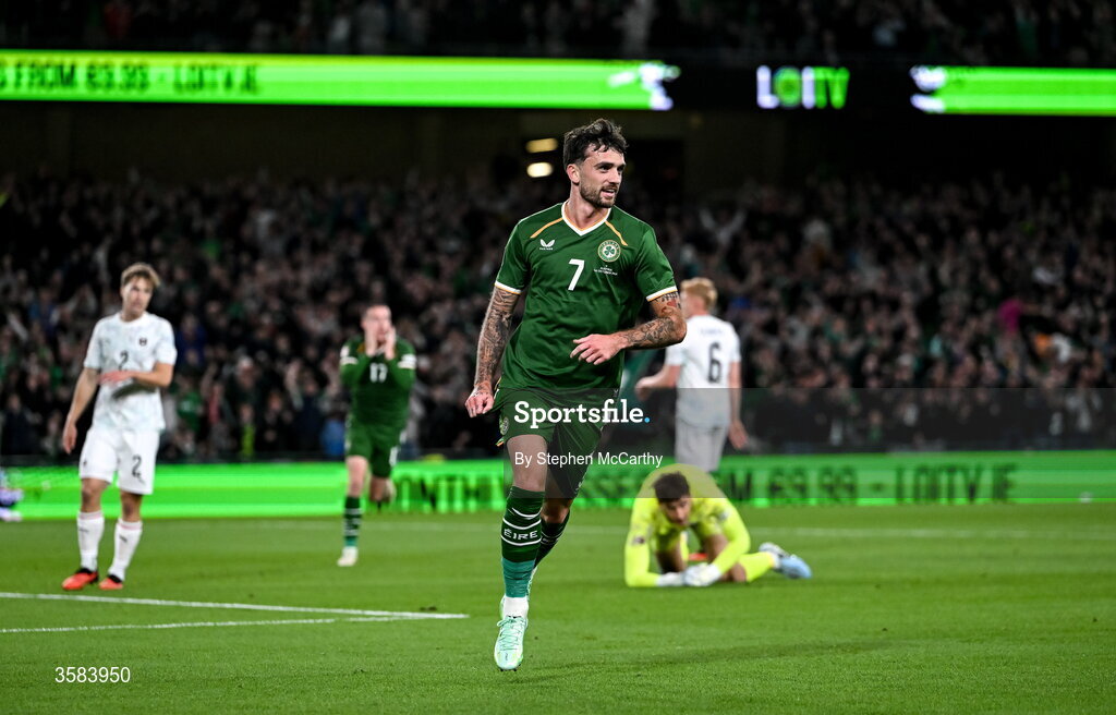 1 October 2026; Troy Parrott of Republic of Ireland celebrates after scoring his side's first goal during the UEFA Nations League B match between the Republic of Ireland and Austria at the Aviva Stadium in Dublin. Photo by Stephen McCarthy/Sportsfile
