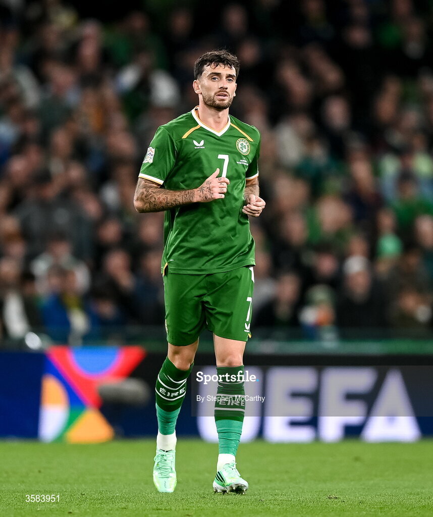 1 October 2026; Troy Parrott of Republic of Ireland during the UEFA Nations League B match between the Republic of Ireland and Austria at the Aviva Stadium in Dublin. Photo by Stephen McCarthy/Sportsfile