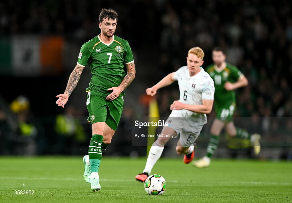 1 October 2026; Troy Parrott of Republic of Ireland during the UEFA Nations League B match between the Republic of Ireland and Austria at the Aviva Stadium in Dublin. Photo by Stephen McCarthy/Sportsfile