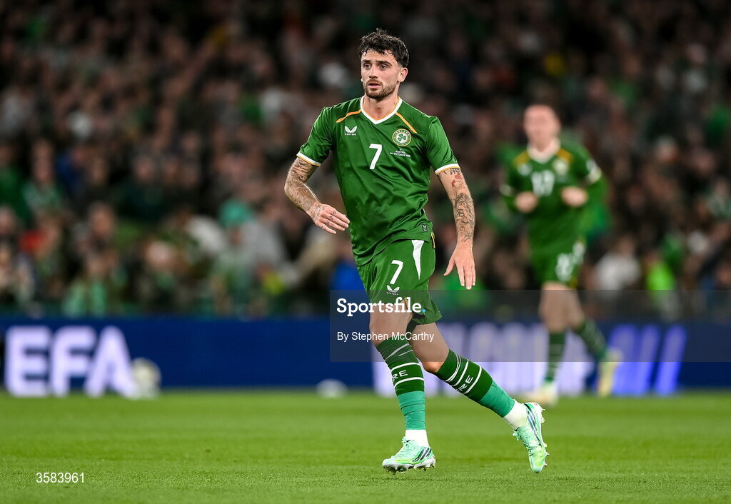 1 October 2026; Troy Parrott of Republic of Ireland during the UEFA Nations League B match between the Republic of Ireland and Austria at the Aviva Stadium in Dublin. Photo by Stephen McCarthy/Sportsfile