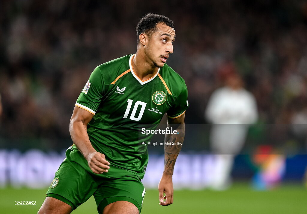 1 October 2026; Adam Idah of Republic of Ireland during the UEFA Nations League B match between the Republic of Ireland and Austria at the Aviva Stadium in Dublin. Photo by Stephen McCarthy/Sportsfile