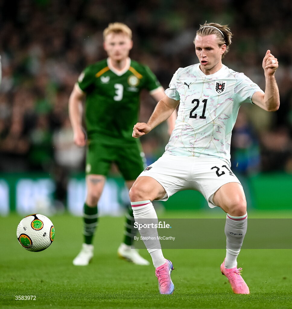 1 October 2026; Patrick Wimmer of Austria during the UEFA Nations League B match between the Republic of Ireland and Austria at the Aviva Stadium in Dublin. Photo by Stephen McCarthy/Sportsfile