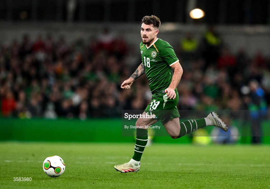 1 October 2026; Ryan Manning of Republic of Ireland during the UEFA Nations League B match between the Republic of Ireland and Austria at the Aviva Stadium in Dublin. Photo by Stephen McCarthy/Sportsfile
