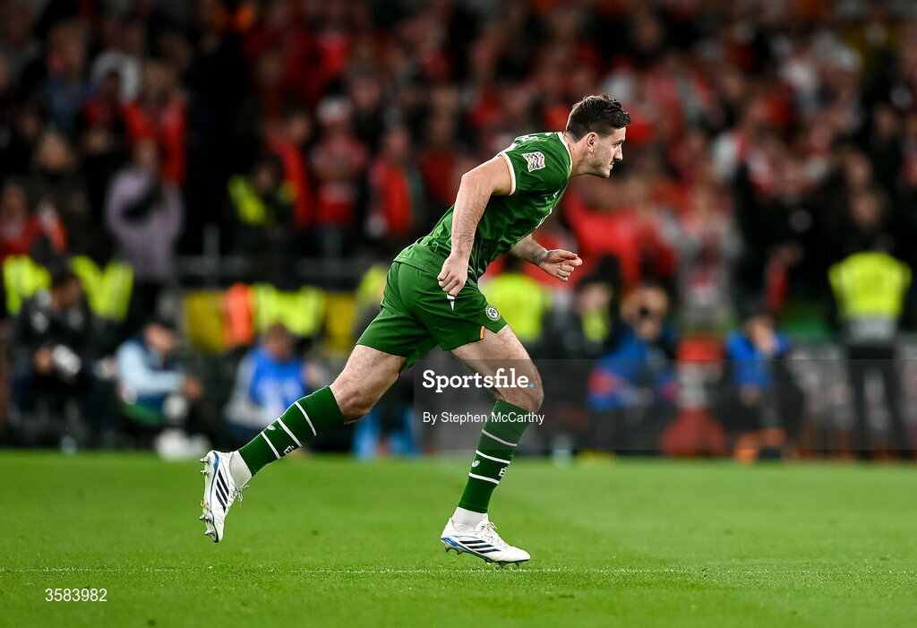 1 October 2026; Liam Kitching of Republic of Ireland comes onto the pitch during a second half substitution during the UEFA Nations League B match between the Republic of Ireland and Austria at the Aviva Stadium in Dublin. Photo by Stephen McCarthy/Sportsfile