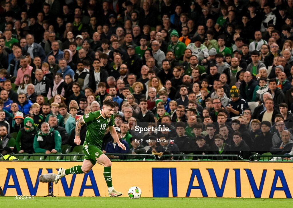 1 October 2026; Ryan Manning of Republic of Ireland during the UEFA Nations League B match between the Republic of Ireland and Austria at the Aviva Stadium in Dublin. Photo by Stephen McCarthy/Sportsfile