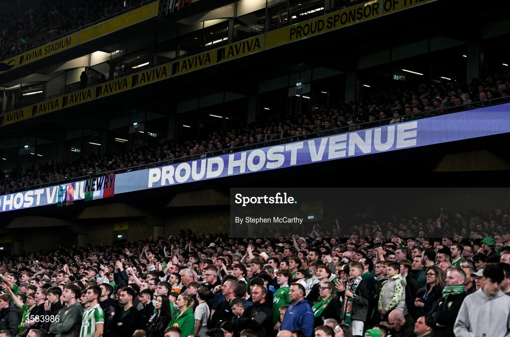 1 October 2026; EURO 2028 host venue branding on the LED boards during the UEFA Nations League B match between the Republic of Ireland and Austria at the Aviva Stadium in Dublin. Photo by Stephen McCarthy/Sportsfile