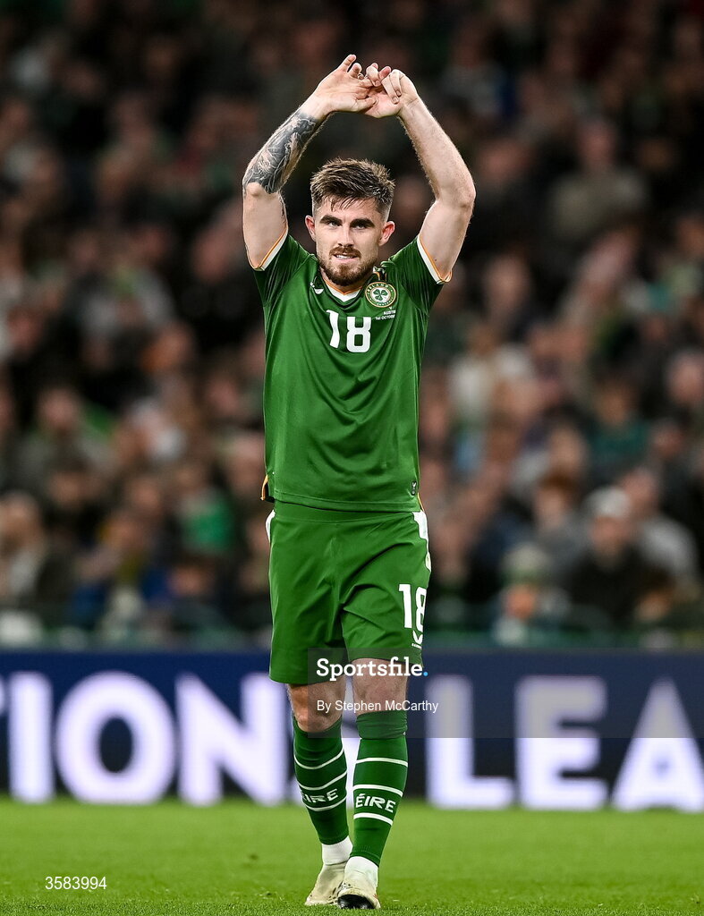 1 October 2026; Ryan Manning of Republic of Ireland during the UEFA Nations League B match between the Republic of Ireland and Austria at the Aviva Stadium in Dublin. Photo by Stephen McCarthy/Sportsfile