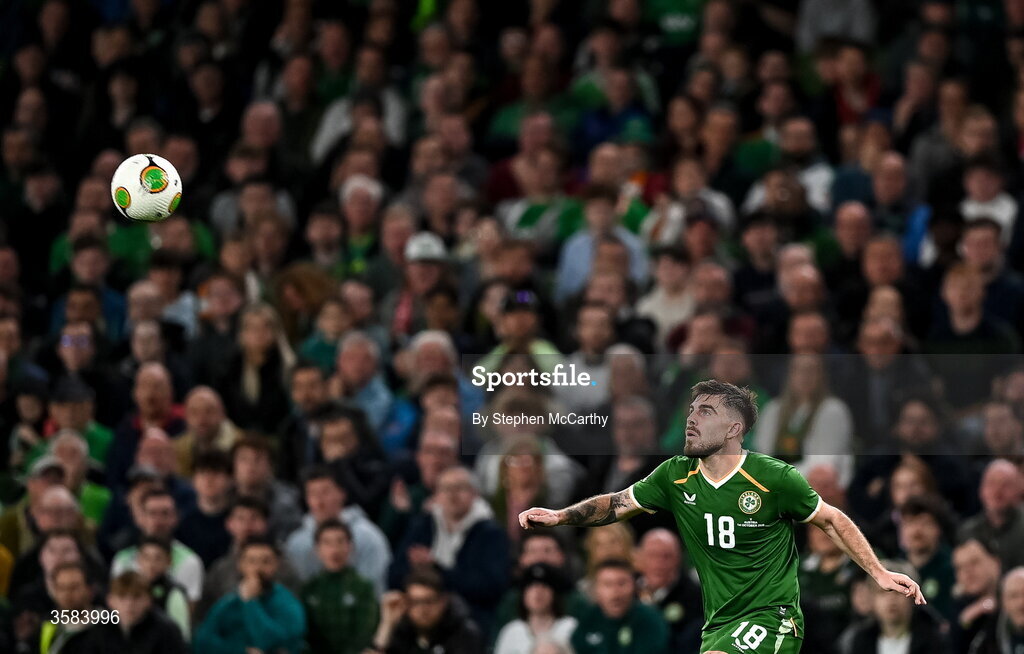 1 October 2026; Ryan Manning of Republic of Ireland during the UEFA Nations League B match between the Republic of Ireland and Austria at the Aviva Stadium in Dublin. Photo by Stephen McCarthy/Sportsfile