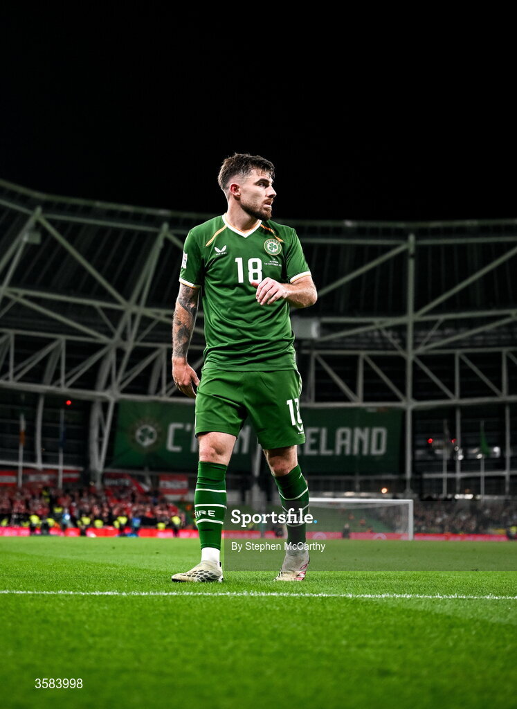 1 October 2026; Ryan Manning of Republic of Ireland during the UEFA Nations League B match between the Republic of Ireland and Austria at the Aviva Stadium in Dublin. Photo by Stephen McCarthy/Sportsfile