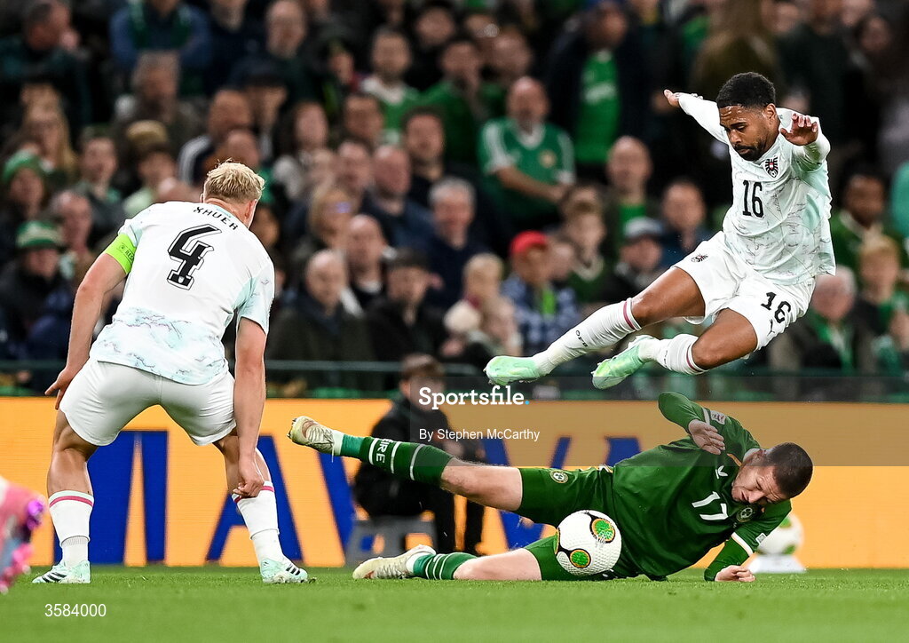 1 October 2026; Jack Moylan of Republic of Ireland in action against Phillipp Mwene of Austria during the UEFA Nations League B match between the Republic of Ireland and Austria at the Aviva Stadium in Dublin. Photo by Stephen McCarthy/Sportsfile
