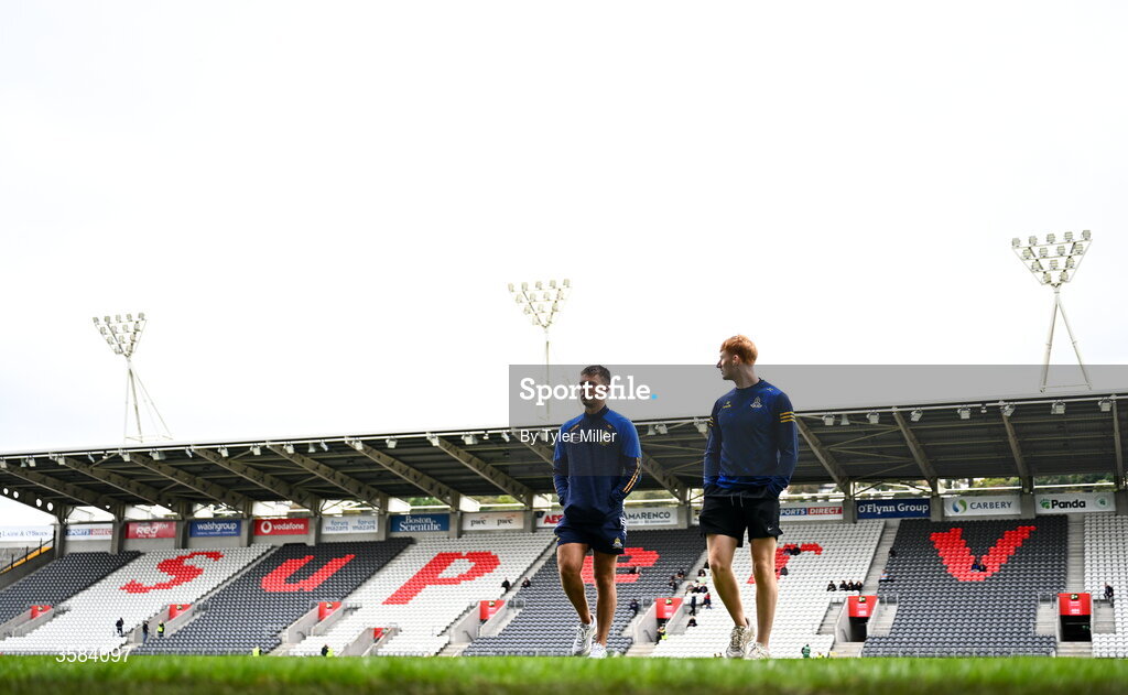 4 October 2026; William Buckley, left, and Jack Cahalane of St Finbarrs walk the pitch before the Cork County Senior Club Hurling Championship semi-final match between Kanturk and St Finbarrs at SuperValu Páirc Uí Chaoimh in Cork. Photo by Tyler Miller/Sportsfile