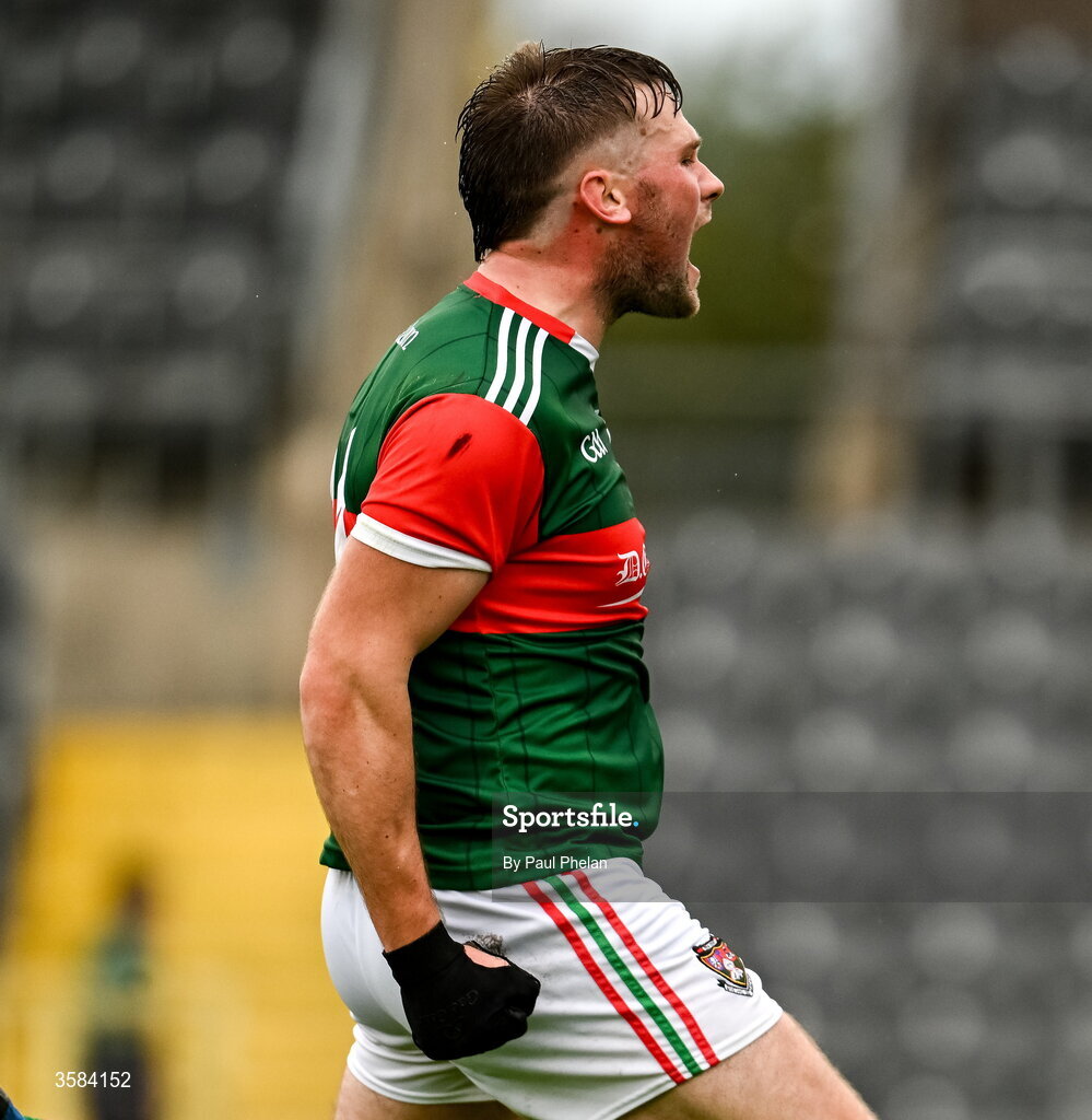 4 October 2026; Andrew Woods of Inniskeen celebrates after scoring his side's first goal during the Monaghan County Senior Club Football Championship semi-final match between Scotstown and Inniskeen at St Tiernach’s Park in Clones, Monaghan. Photo by Paul Phelan/Sportsfile