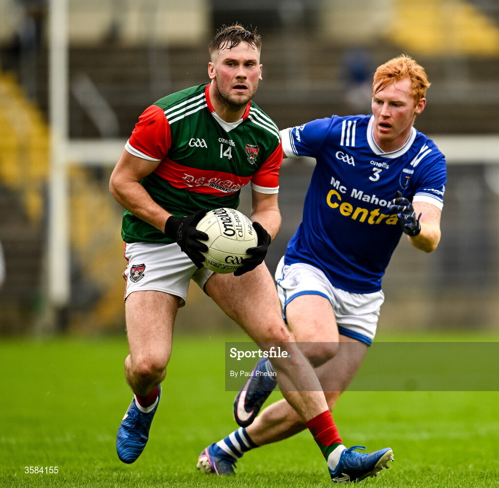 4 October 2026; Andrew Woods of Inniskeen in action against Ryan O’Toole of Scotstown during the Monaghan County Senior Club Football Championship semi-final match between Scotstown and Inniskeen at St Tiernach’s Park in Clones, Monaghan. Photo by Paul Phelan/Sportsfile