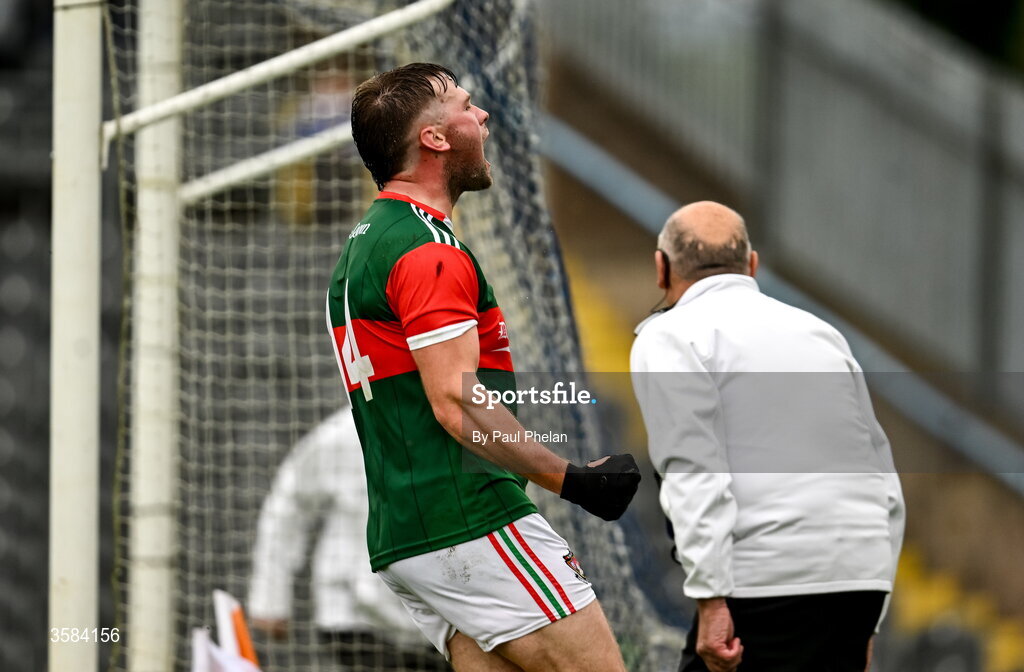 4 October 2026; Andrew Woods of Inniskeen celebrates after scoring his side's first goal during the Monaghan County Senior Club Football Championship semi-final match between Scotstown and Inniskeen at St Tiernach’s Park in Clones, Monaghan. Photo by Paul Phelan/Sportsfile