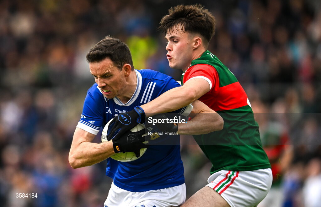 4 October 2026; James Hamill of Scotstown in action against Shane O’Connor of Inniskeen during the Monaghan County Senior Club Football Championship semi-final match between Scotstown and Inniskeen at St Tiernach’s Park in Clones, Monaghan. Photo by Paul Phelan/Sportsfile