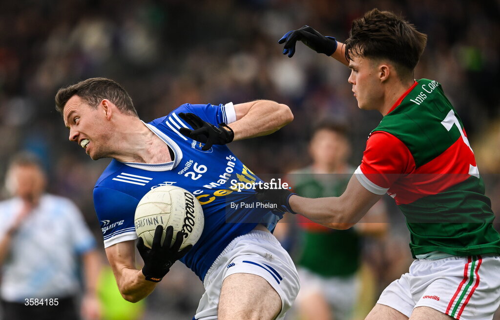 4 October 2026; James Hamill of Scotstown in action against Shane O’Connor of Inniskeen during the Monaghan County Senior Club Football Championship semi-final match between Scotstown and Inniskeen at St Tiernach’s Park in Clones, Monaghan. Photo by Paul Phelan/Sportsfile