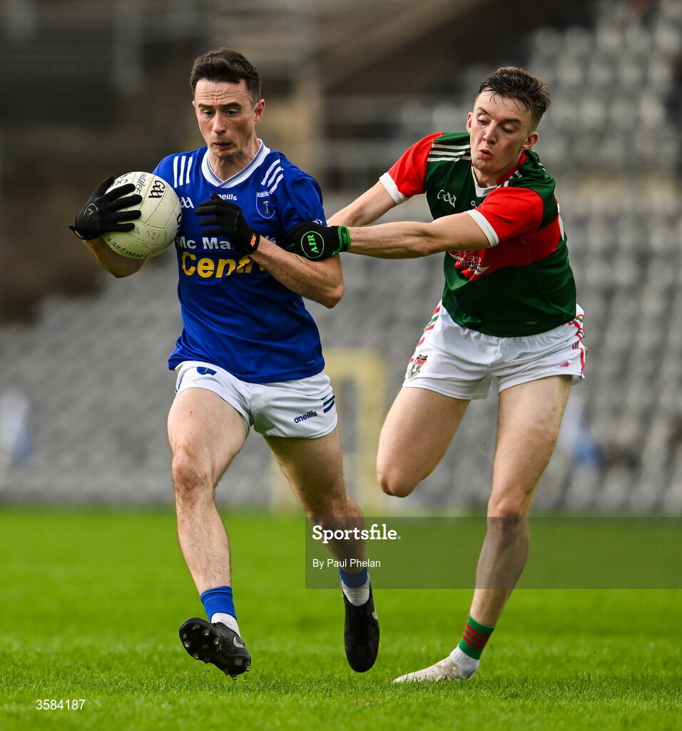 4 October 2026; Shane Carey of Scotstown in action against Gareth Burns of Inniskeen during the Monaghan County Senior Club Football Championship semi-final match between Scotstown and Inniskeen at St Tiernach’s Park in Clones, Monaghan. Photo by Paul Phelan/Sportsfile