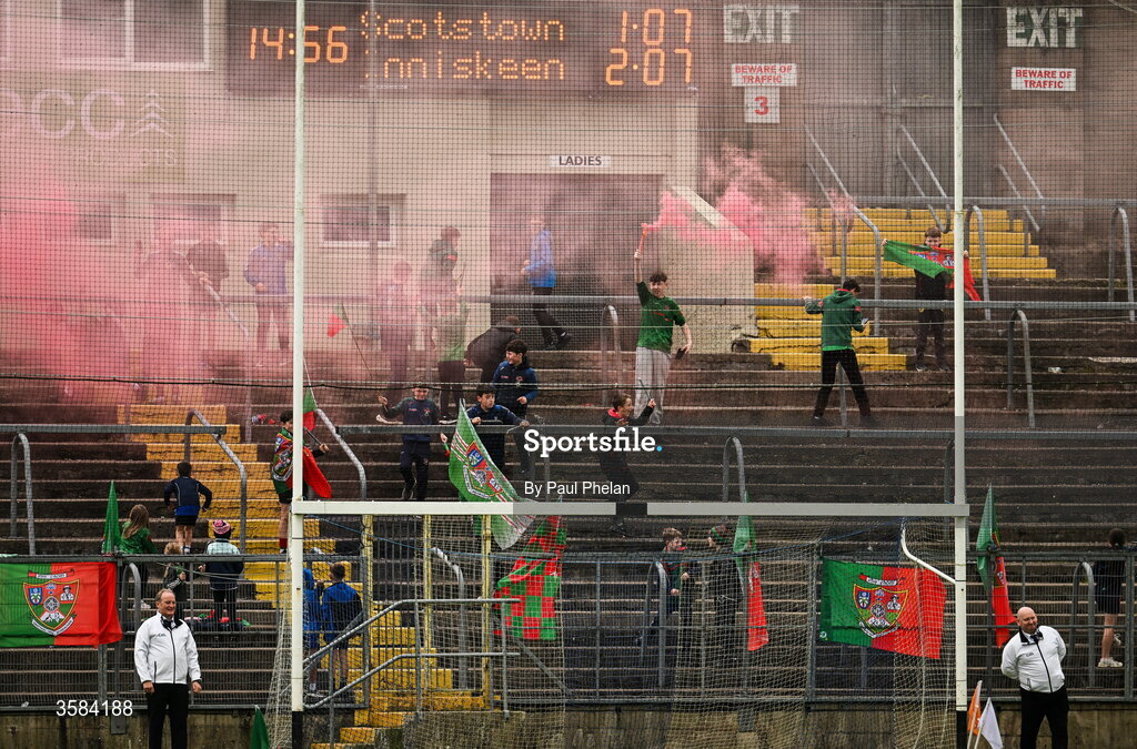 4 October 2026; Inniskeen supporters with flares during the Monaghan County Senior Club Football Championship semi-final match between Scotstown and Inniskeen at St Tiernach’s Park in Clones, Monaghan. Photo by Paul Phelan/Sportsfile